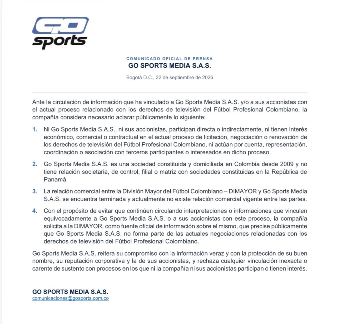 Comunicado de Go Sports Media S.A.S