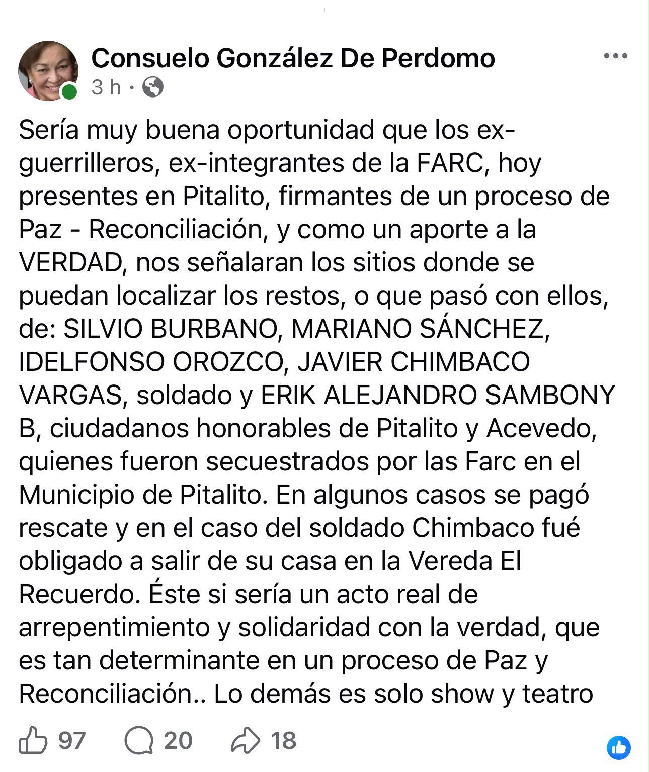 Pronunciamiento a través de redes sociales de Consuelo González