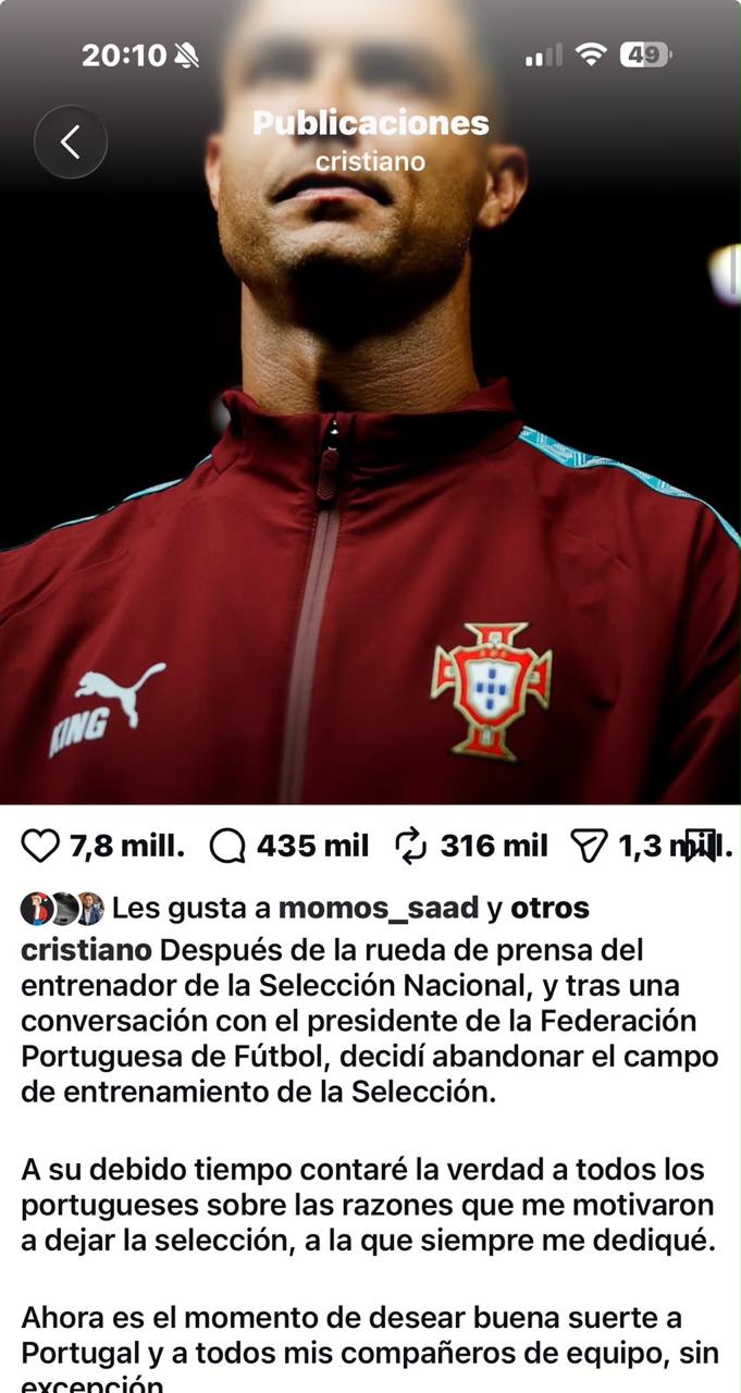 Mensaje de Cristiano Ronaldo en Instagram
