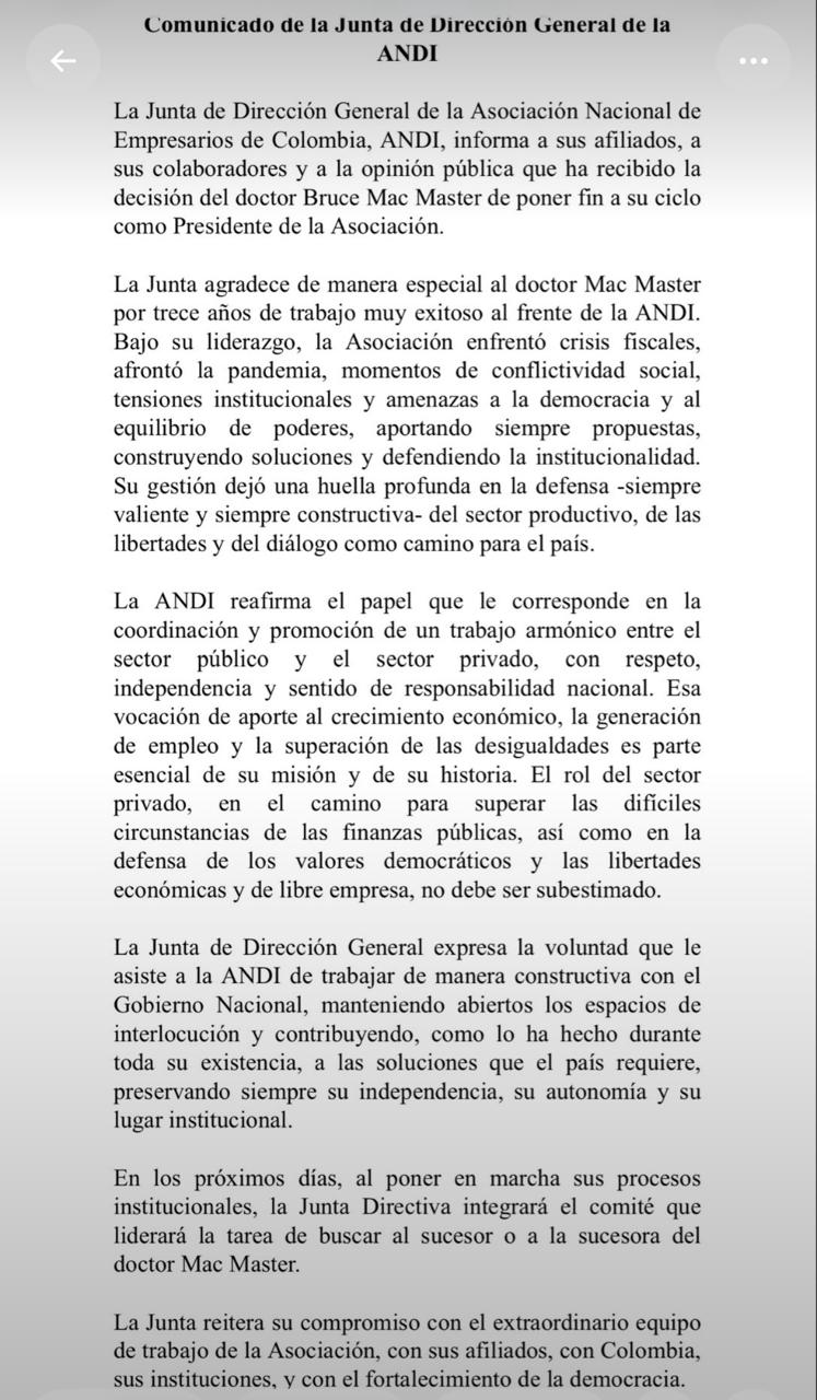 Comunicado de la Junta Directiva de la ANDI.