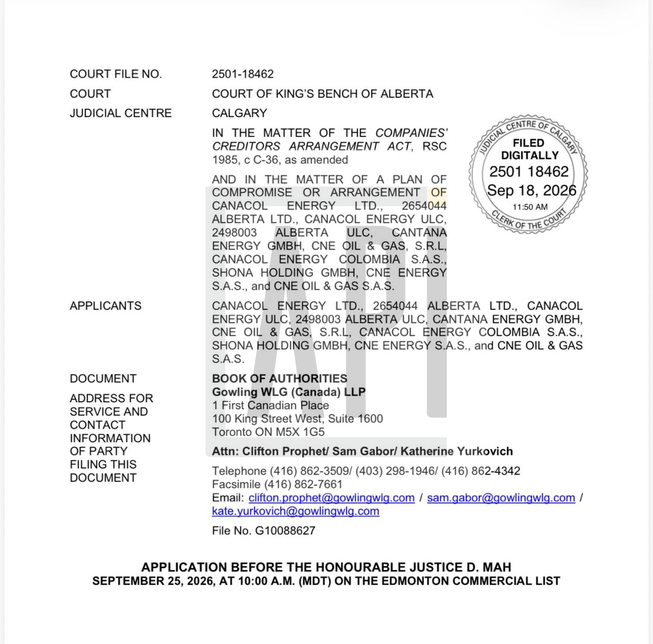 Facsimil de la primera  página de la mas reciente actuación en el proceso en la corte de Alberta sobre Canacol y sus filiales del pasado 18 de septiembre, sobre la reestructuración de sus obligaciones y las normas de acuerdo con sus acreedores. 