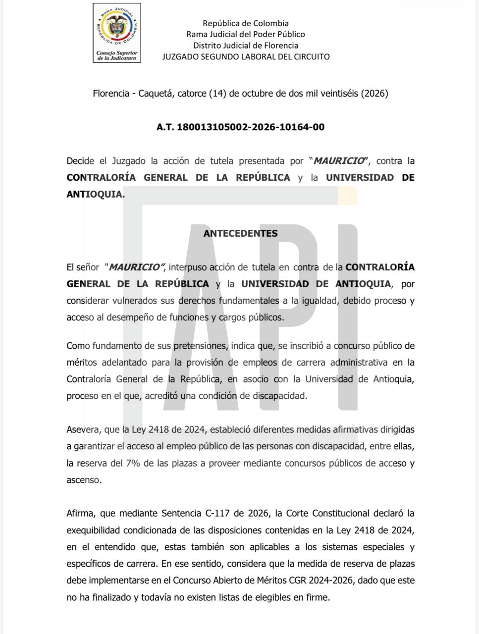 Primera página del fallo de tutela.