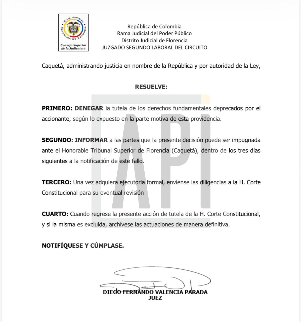 Última página del fallo de tutela.