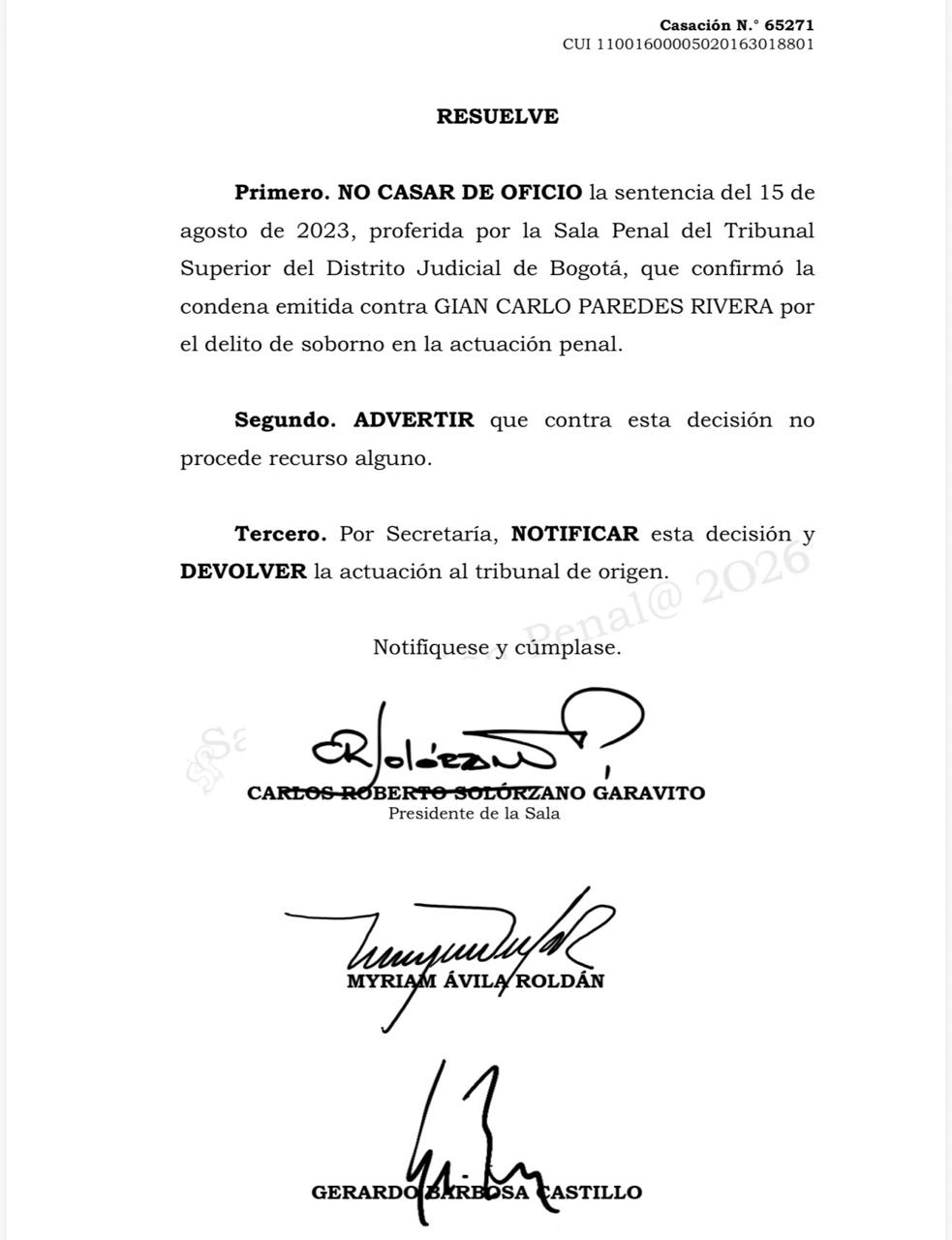 Sentencia de la Corte Suprema de Justicia.