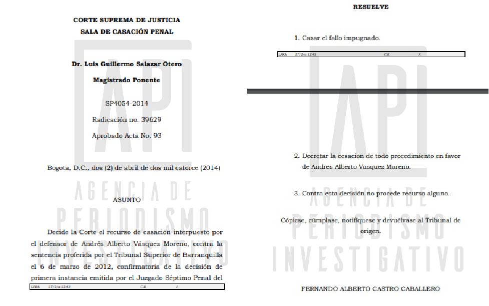 Facsímil del fallo de la Corte Suprema que revoca la condena contra Andrés Vásquez / Suministrado