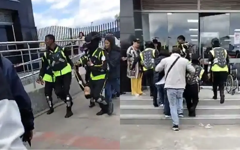 Momento en donde guardas de seguridad de TransMilenio llevan a Cristian David Garzón Castro a un hospital