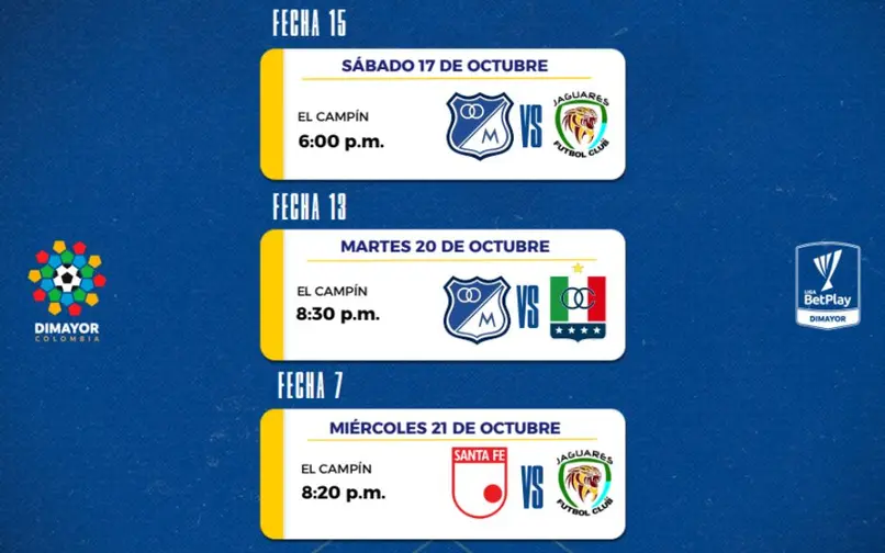 Así quedó la reprogramación de los partidos de Millonarios vs Jaguares, Millonarios vs Once Caldas y Santa Fe vs Jaguares