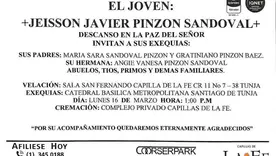 Obituario Jeisson Javier Pinzón Sandoval