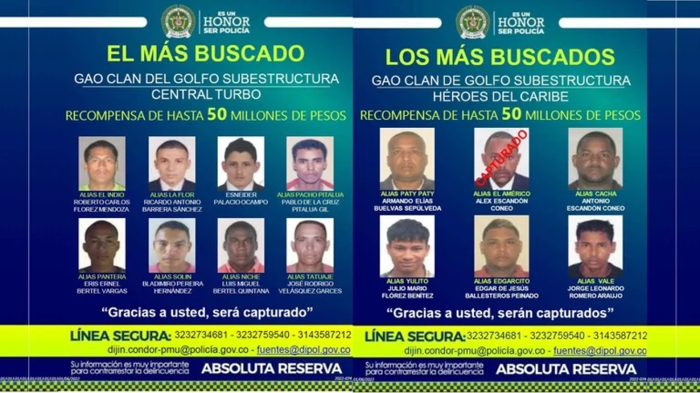 Cartel de miembros del Clan del Golfo más buscados por homicidios