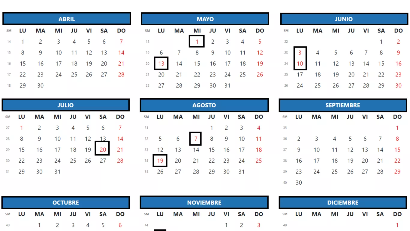 Calendario Festivos Colombia 2024