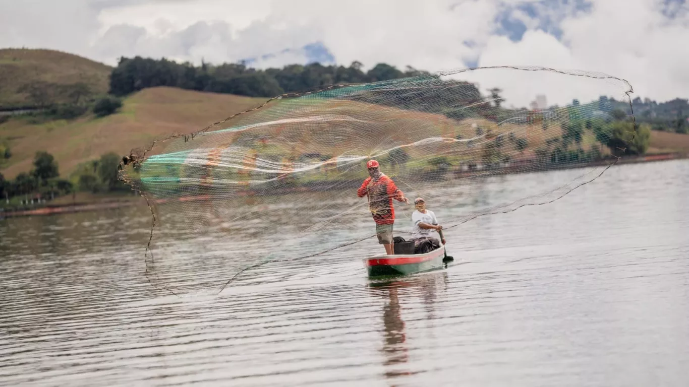 Pescadores artesanales lanzan sus atarrayas al río