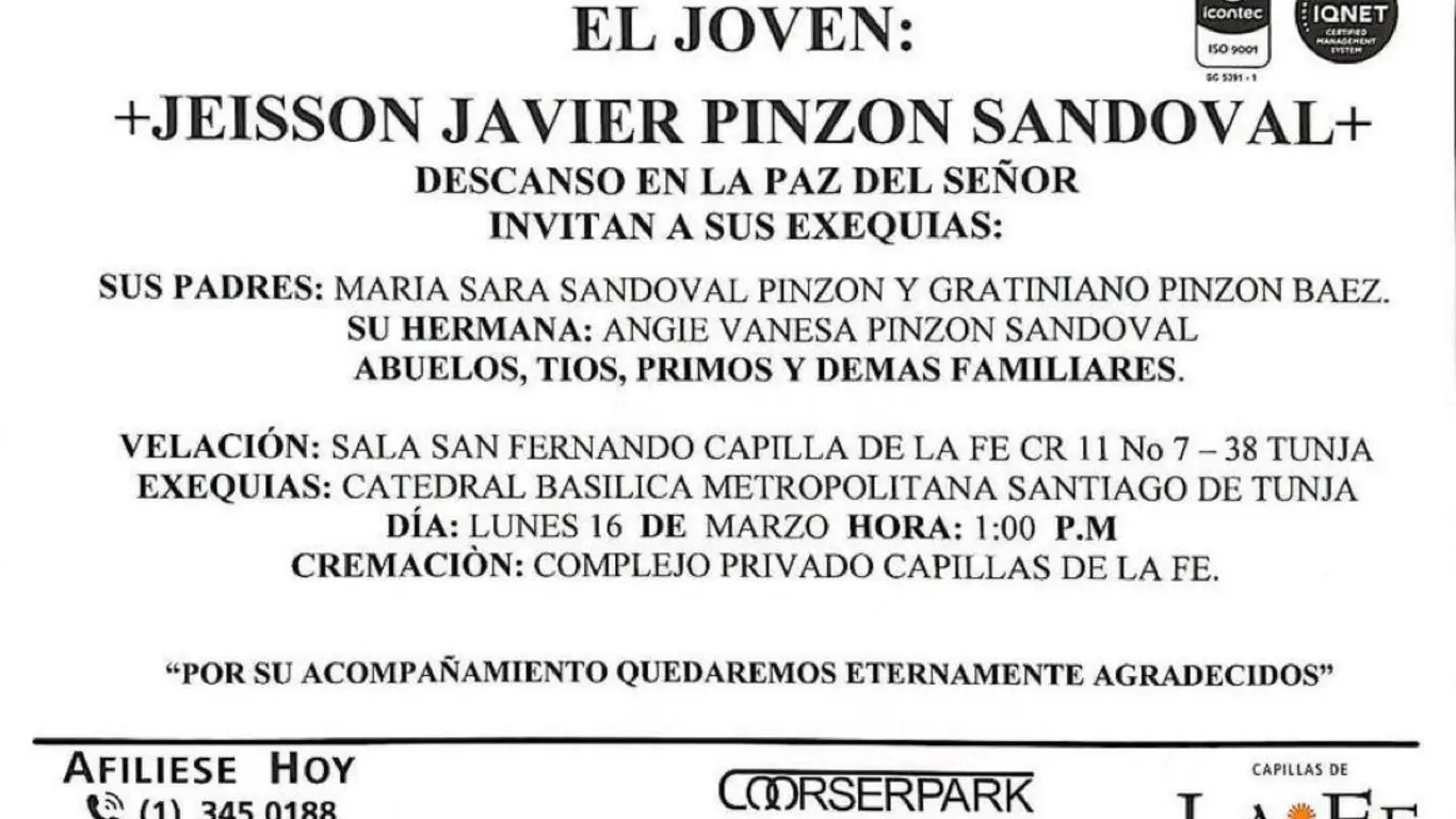 Obituario Jeisson Javier Pinzón Sandoval