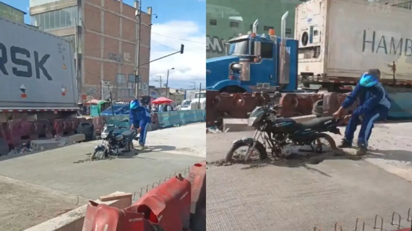 Motociclista quedó atrapado en cemento fresco