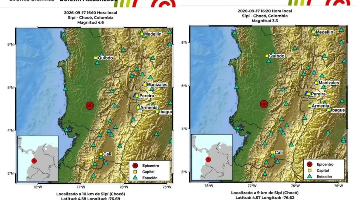 Temblores de magnitud 4,6 y 3,3 hoy en Chocó