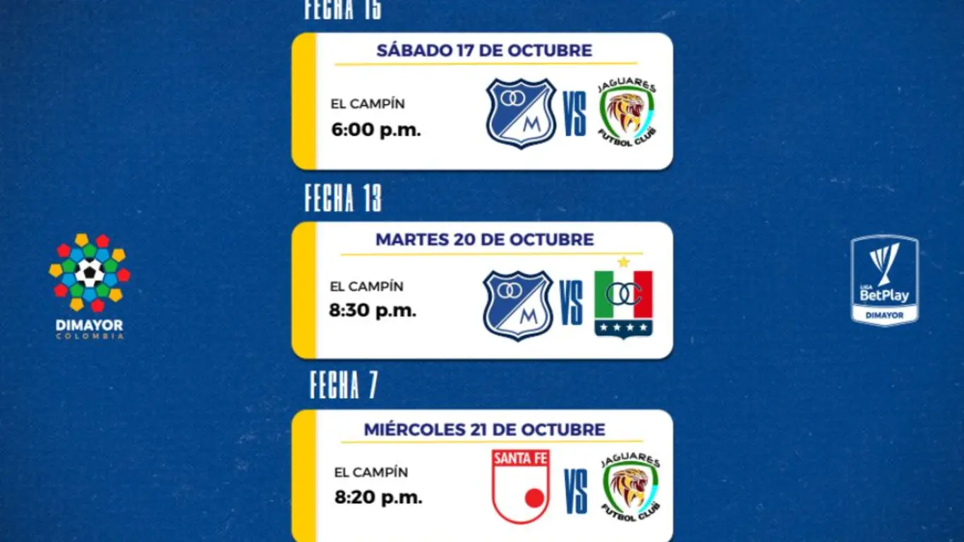 Así quedó la reprogramación de los partidos de Millonarios vs Jaguares, Millonarios vs Once Caldas y Santa Fe vs Jaguares